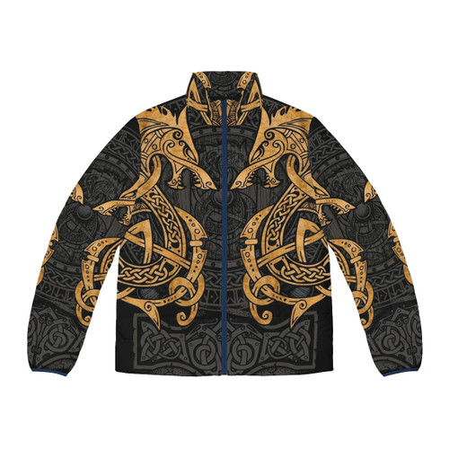Fighting Fenrir Norse Mythology Gold Puffer Jacket with Wolf and Runes