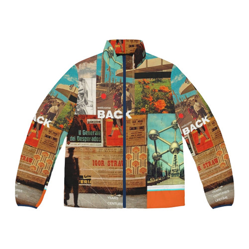 Retro welcome back puffer jacket with collage design and typography