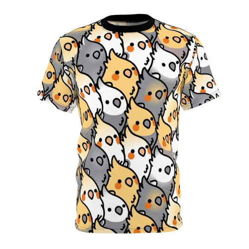 Vibrant AOP t-shirt featuring a chubby, cute cockatiel in a party setting with a colorful tropical pattern
