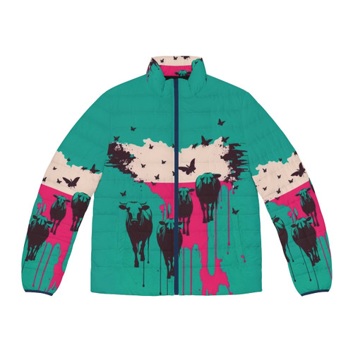 Puffer jacket with "Fight Escape Or Die" graphic, designed for outdoor adventure and survival.