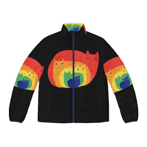 A colorful puffer jacket featuring a pattern of rainbow cats, perfect for celebrating LGBTQ pride.