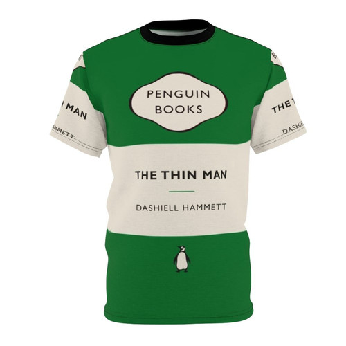 Vintage inspired black and white graphic t-shirt featuring the classic book cover design for The Thin Man by Dashiell Hammett and the Penguin Books logo