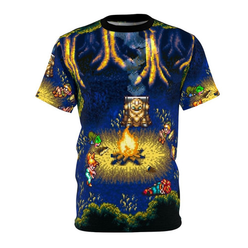 Retro gaming pixelated art t-shirt featuring a campfire scene inspired by classic SNES RPGs