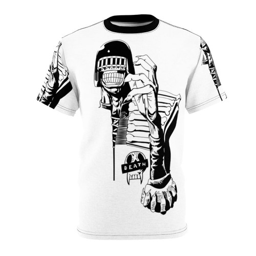 A monochrome t-shirt design inspired by the Judge Death character from the 2000AD comics, featuring a gritty line art silhouette.