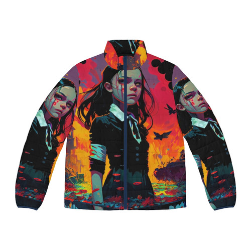 Woman wearing a black puffer jacket with Wednesday Addams inspired style