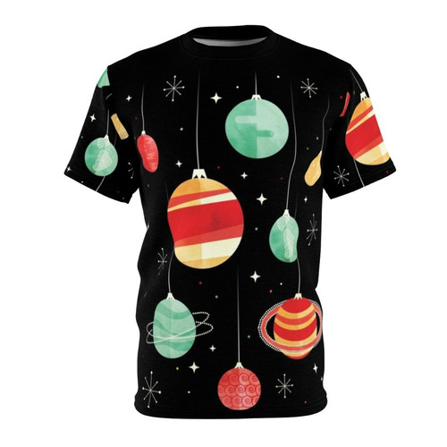 A stylish t-shirt featuring a cosmic, vintage-inspired design with planets, stars, and the text "Joy to the Universe."