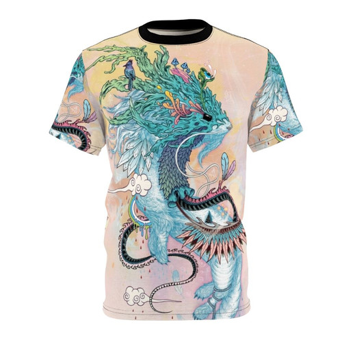 Colorful and whimsical t-shirt design featuring a journeying spirit ermine against a psychedelic nature backdrop