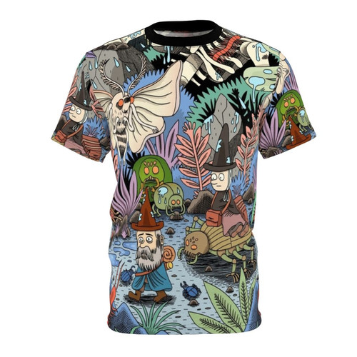 Whimsical t-shirt featuring a fantasy journey with nature-inspired elements like insects, plants, and a melancholic atmosphere.