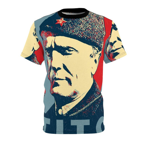 Vintage-style t-shirt featuring Josip Broz Tito, the former President of Yugoslavia, with the Yugoslavian flag and communist symbols.