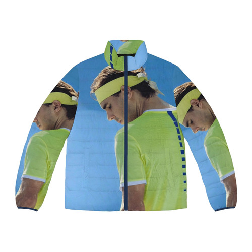 Rafael Nadal wearing a red puffer jacket with the number 12 on it