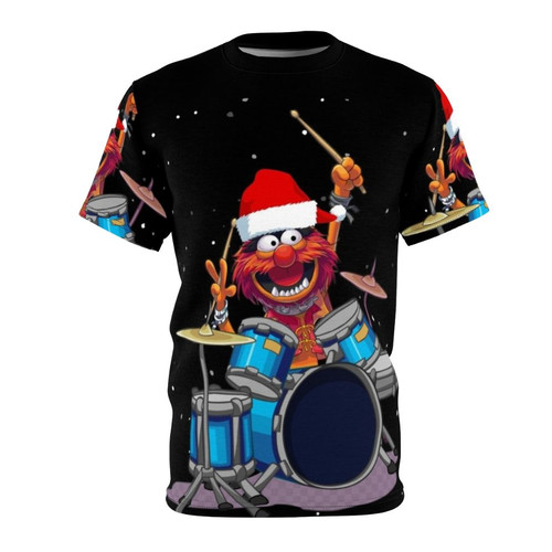 A vibrant all-over print t-shirt featuring the Muppets' iconic drummer Animal in a festive Christmas design.