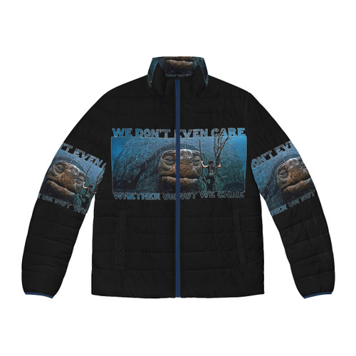 Puffer jacket with "We Don't Even Care" quote from The NeverEnding Story