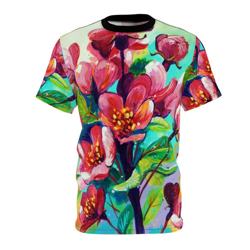 Red apple blossom flower digital print on a premium t-shirt