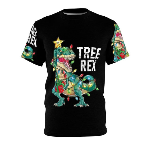 A festive t-shirt design featuring a Christmas tree-styled Tyrannosaurus Rex dinosaur, perfect for the holiday season.