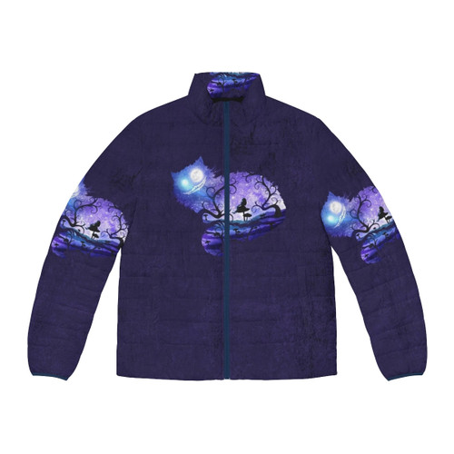 A whimsical puffer jacket featuring a silhouette of the Cheshire Cat from Alice in Wonderland, set against a night sky with stars and the moon.