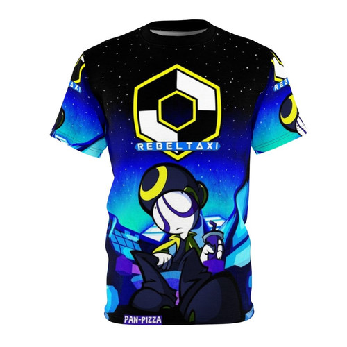 Retro gaming inspired t-shirt featuring Rebeltaxi's pan pizza design with neon, dark, and tron-style elements.