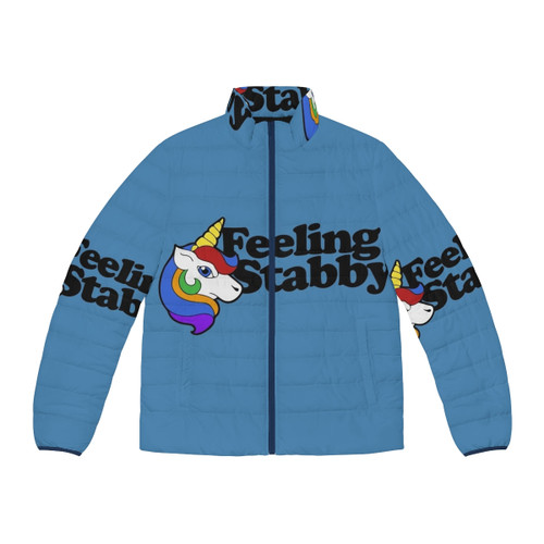 Puffer jacket with a unicorn print and "Feeling Stabby" text