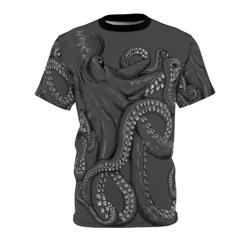 Realistic two-tone octopus illustration with intricate line art and tentacle design on a t-shirt.