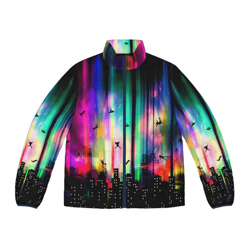 Neon puffer jacket against a futuristic city skyline