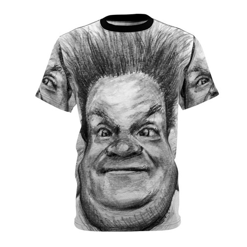 Comedic sketch art portrait t-shirt design featuring the likeness of comedian Chris Farley