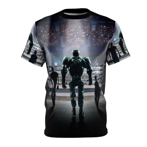 Robotic boxing scene from the sci-fi movie Real Steel printed on an all-over-print t-shirt