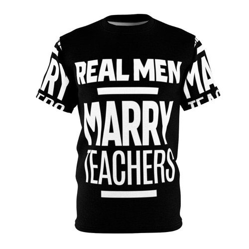 Man wearing a stylish AOP t-shirt with the text "Marry a Teacher"