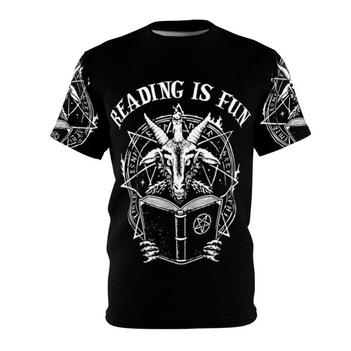 A person wearing a t-shirt with a graphic design about the joy of reading.