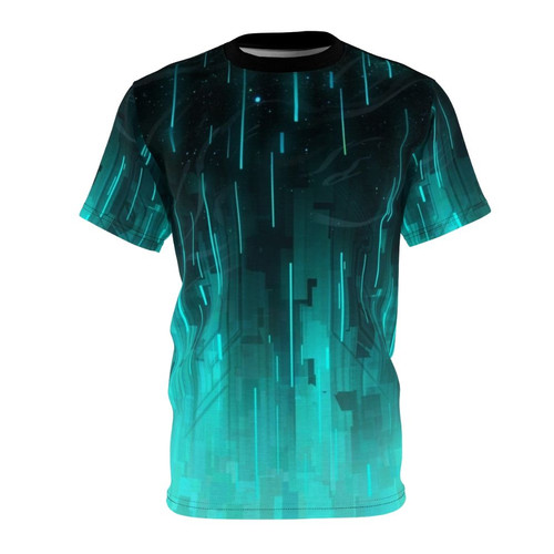 Abstract digital t-shirt design with futuristic tech-inspired geometric pattern in blue, sea, and sky colors