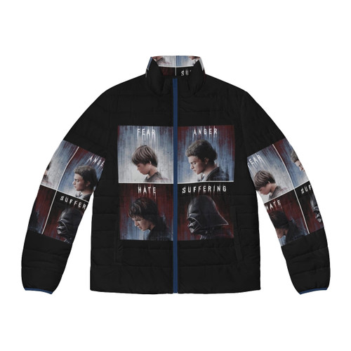 A stylish puffer jacket with the words "Fear Anger Hate Suffering" printed on the front.