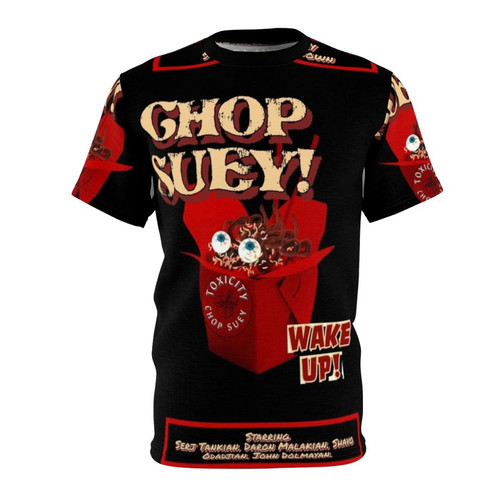 Chop Suey inspired all-over print t-shirt with System of a Down logo and horror elements