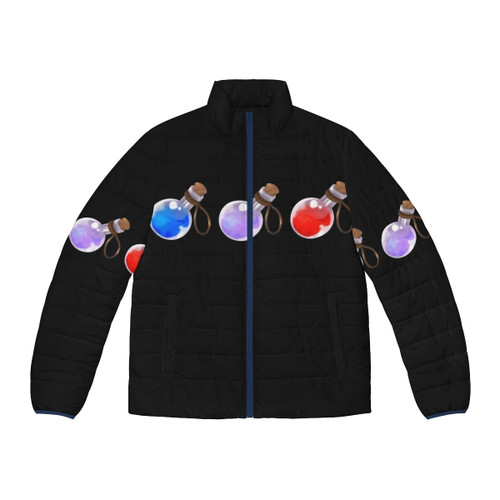 Puffer jacket with fantasy potion design, perfect for RPG game fans