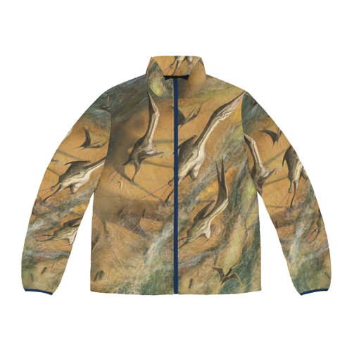 Puffer jacket featuring wandering azhdarchid pterosaurs, extinct flying reptiles from the prehistoric era