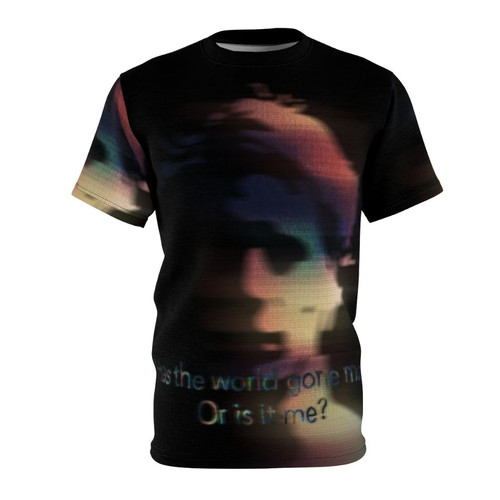 Quirky abstract art t-shirt design featuring indie music lyrics and a thought-provoking message