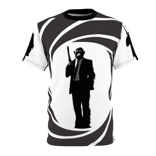 Chimpanzee wearing a tuxedo and holding a gun, in a covert spy action pose