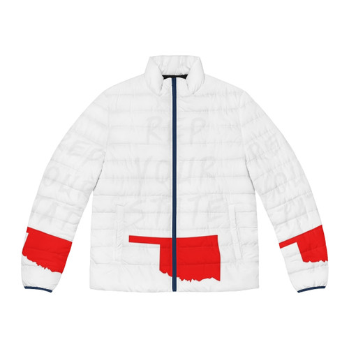 Oklahoma state pride puffer jacket featuring the state's iconic design