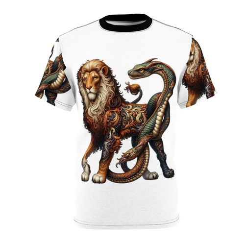 Closeup of an embroidered t-shirt design featuring a mythical creature, a legendary beast from fantasy and mythology.