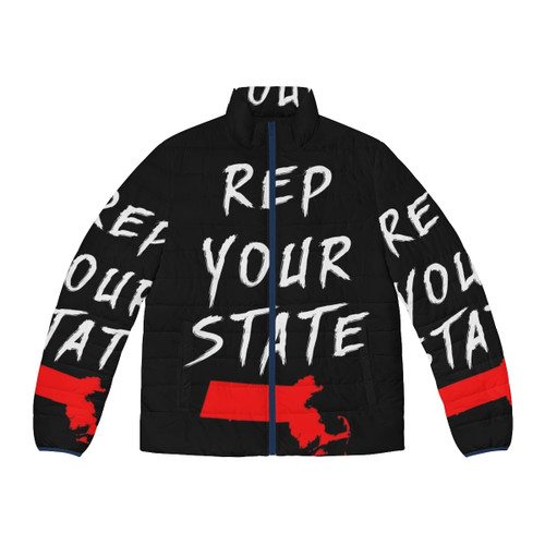 A model wearing a Michigan state-themed puffer jacket