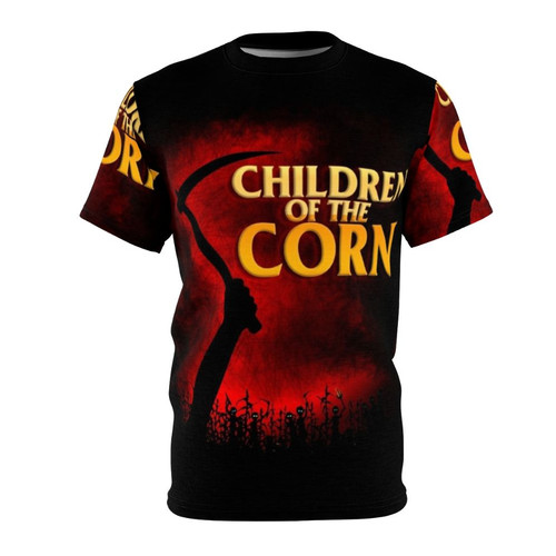 A stylish horror-themed t-shirt featuring a creepy corn field design, inspired by the classic movie "Children of the Corn".