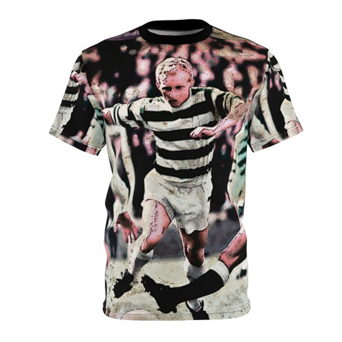 Vintage-style AOP t-shirt featuring classic Scottish football imagery and the legend of Jinky Johnstone