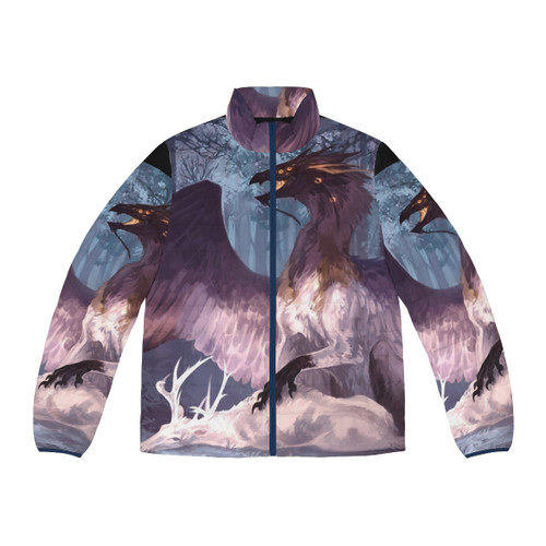 Fallen Angel Puffer Jacket featuring a captivating mythical creature design