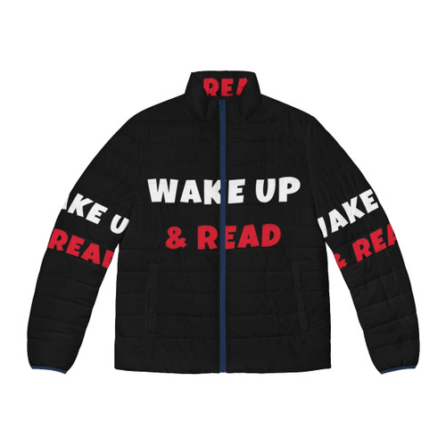 Person wearing a puffer jacket while engaged in reading and other hobbies