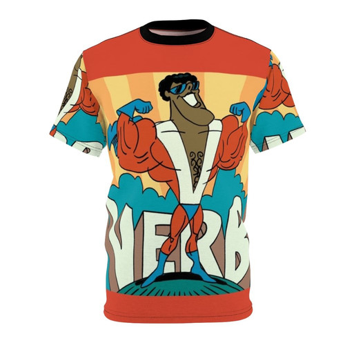 Graphic t-shirt design featuring a retro cartoon-style illustration of a superhero character with an action verb