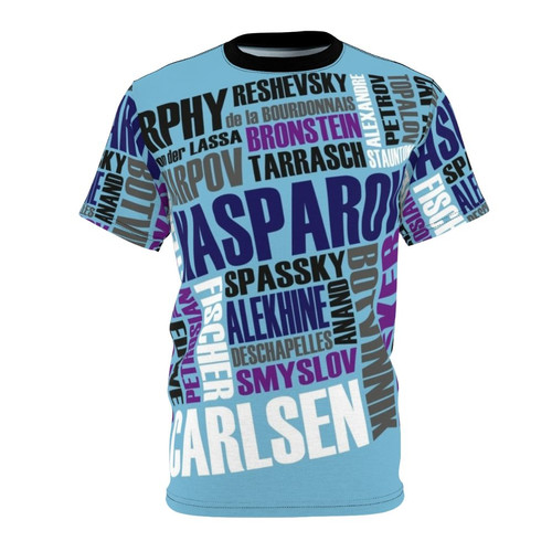 Stylish chess-themed t-shirt design featuring chess pieces and chess champions