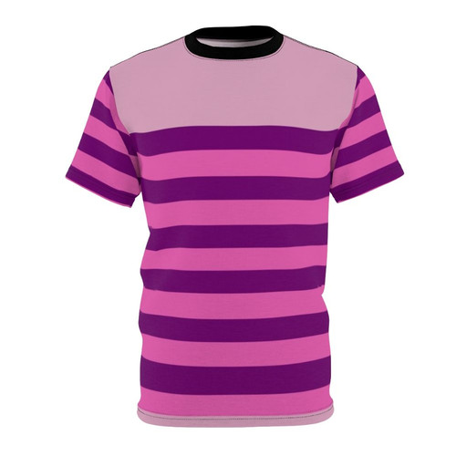Cheshire Cat-inspired striped t-shirt with a horizontal purple and pink pattern