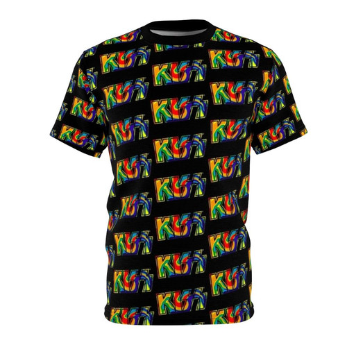 Colorful rainbow tie dye t-shirt featuring the iconic Kiss band logo
