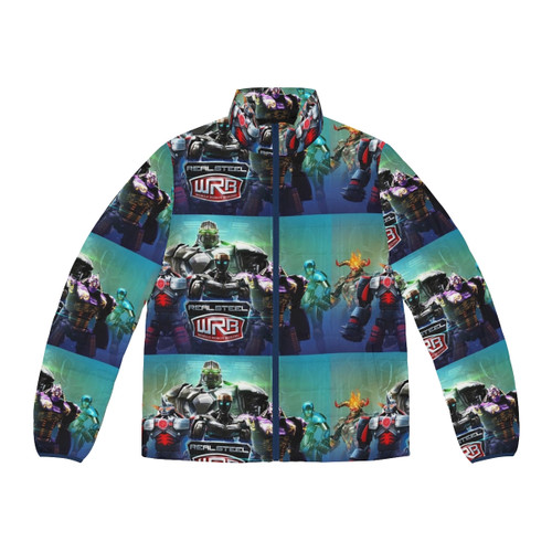 A man wearing a warm, puffer jacket with the "Real Steel" gaming design