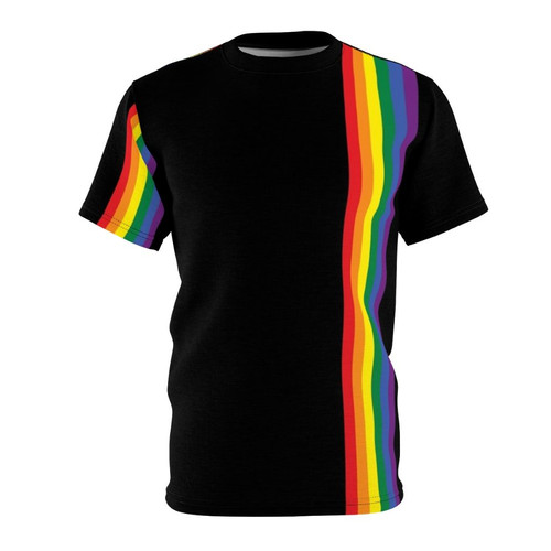 Vibrant rainbow-colored abstract pattern printed on a unisex t-shirt, celebrating pride and LGBTQ+ identity.