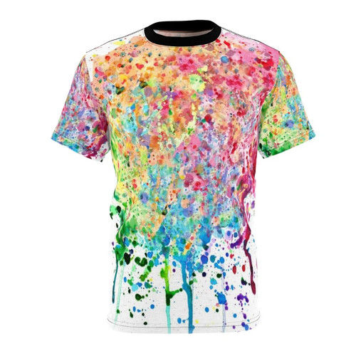Colorful abstract rainbow paint splatter design on a high-quality t-shirt