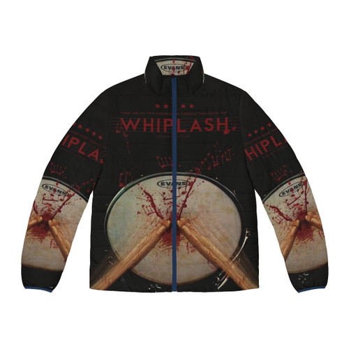 Whiplash-inspired puffer jacket with music and drumming aesthetic