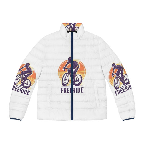 Person wearing a puffer jacket while riding a bicycle